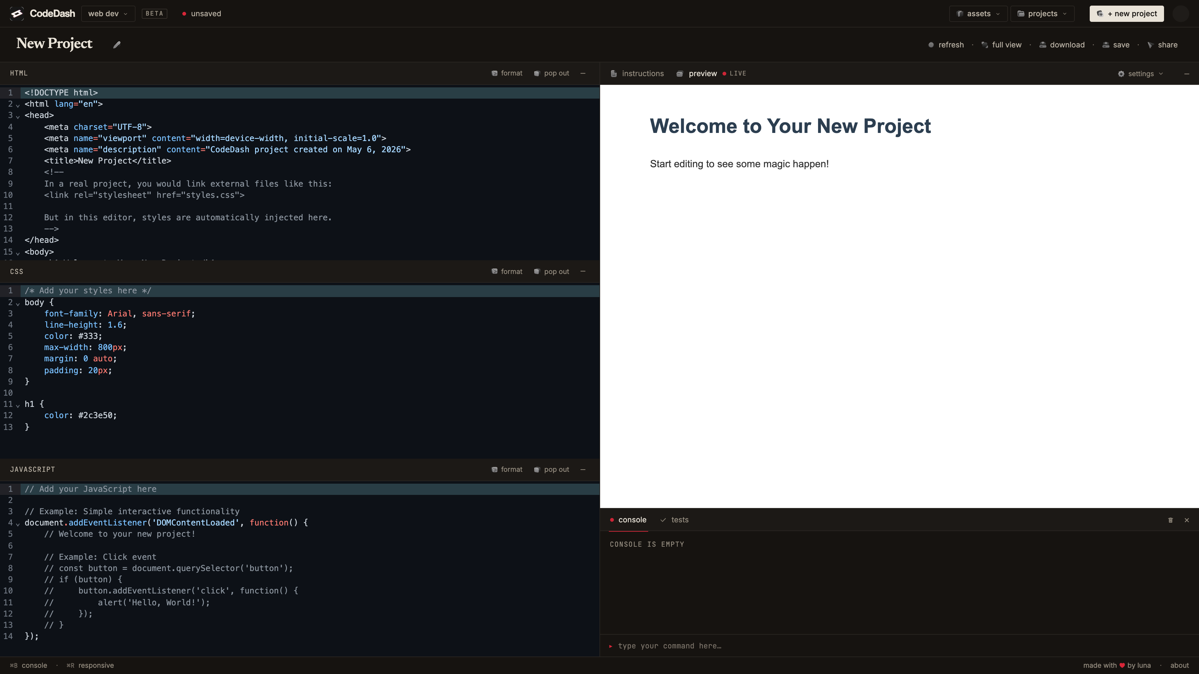 CodeDash editor — code panes with live Preview and Console