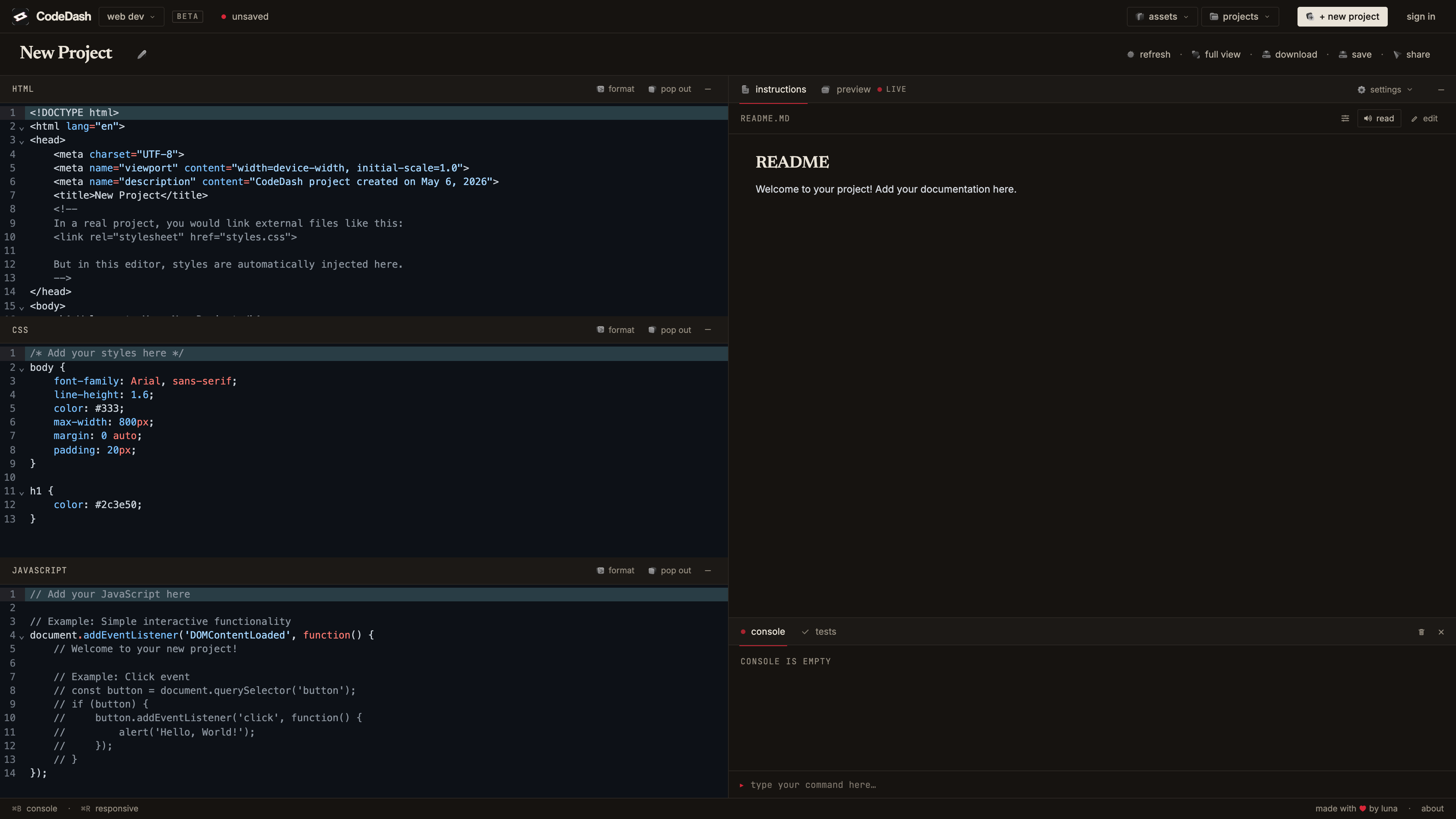 CodeDash editor — Instructions tab with the project README