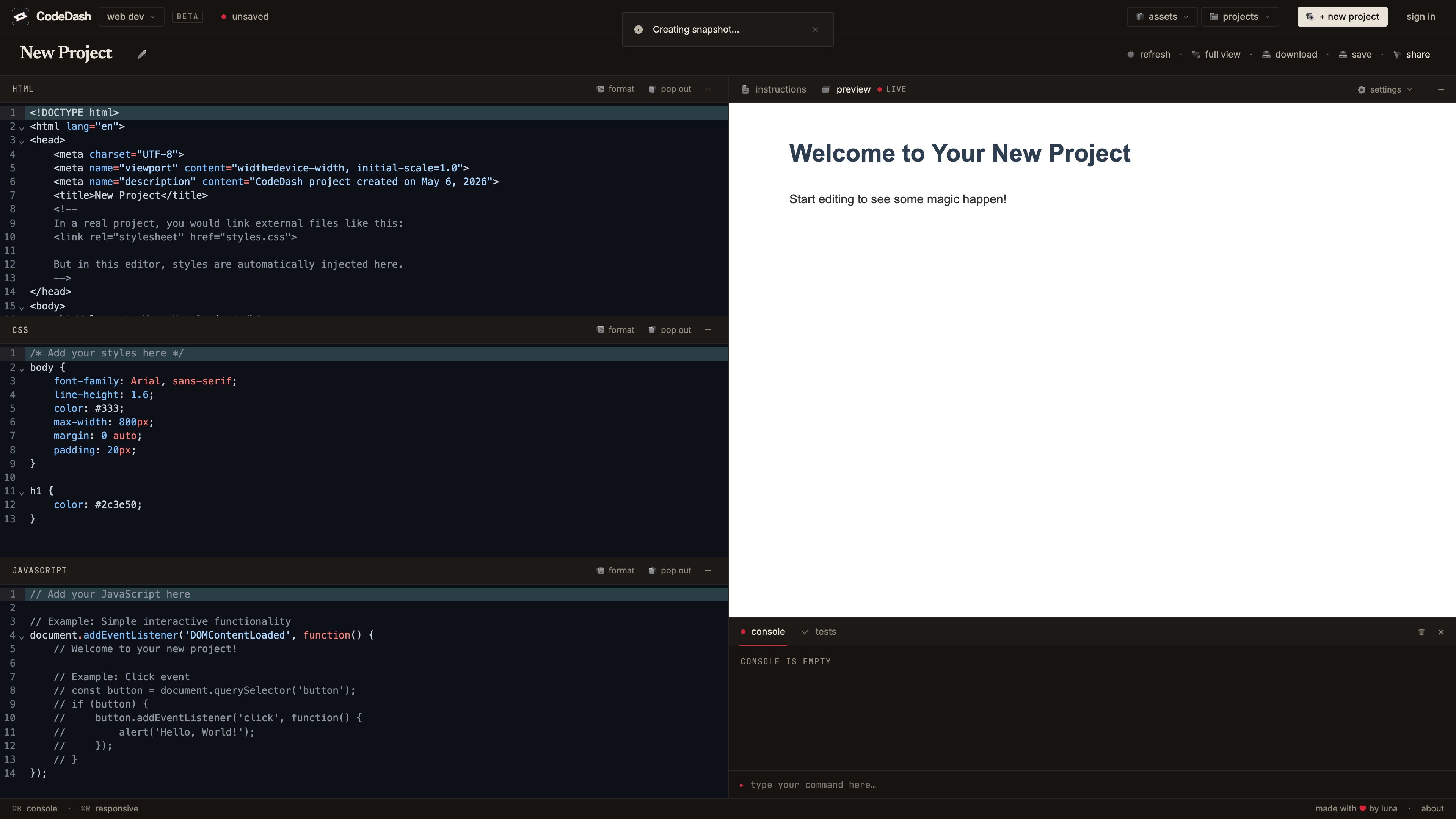 CodeDash — sharing a snapshot of the project
