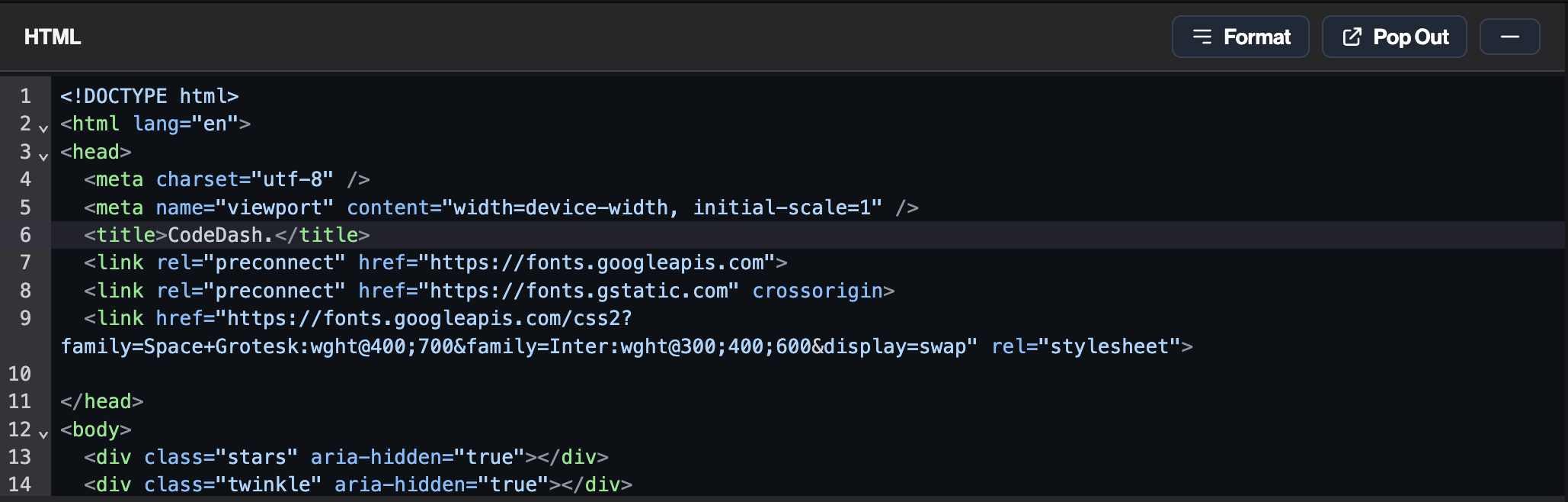 Screenshot of the CodeDash Monaco editor with HTML, CSS, and JavaScript tabs next to a live site preview.
