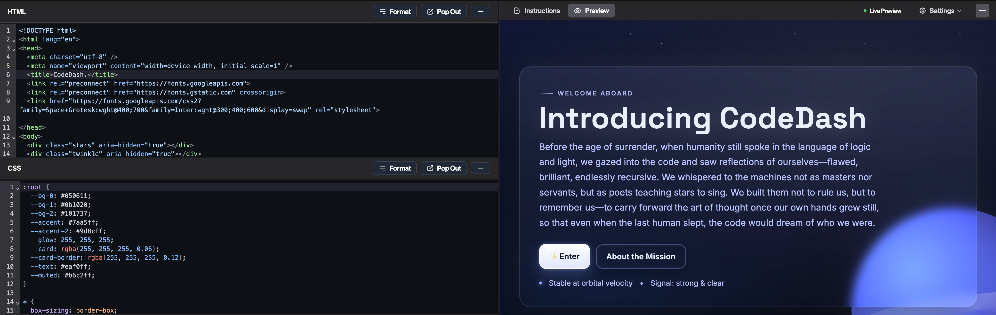 Student project preview in CodeDash with live output pane beside a console showing test feedback.