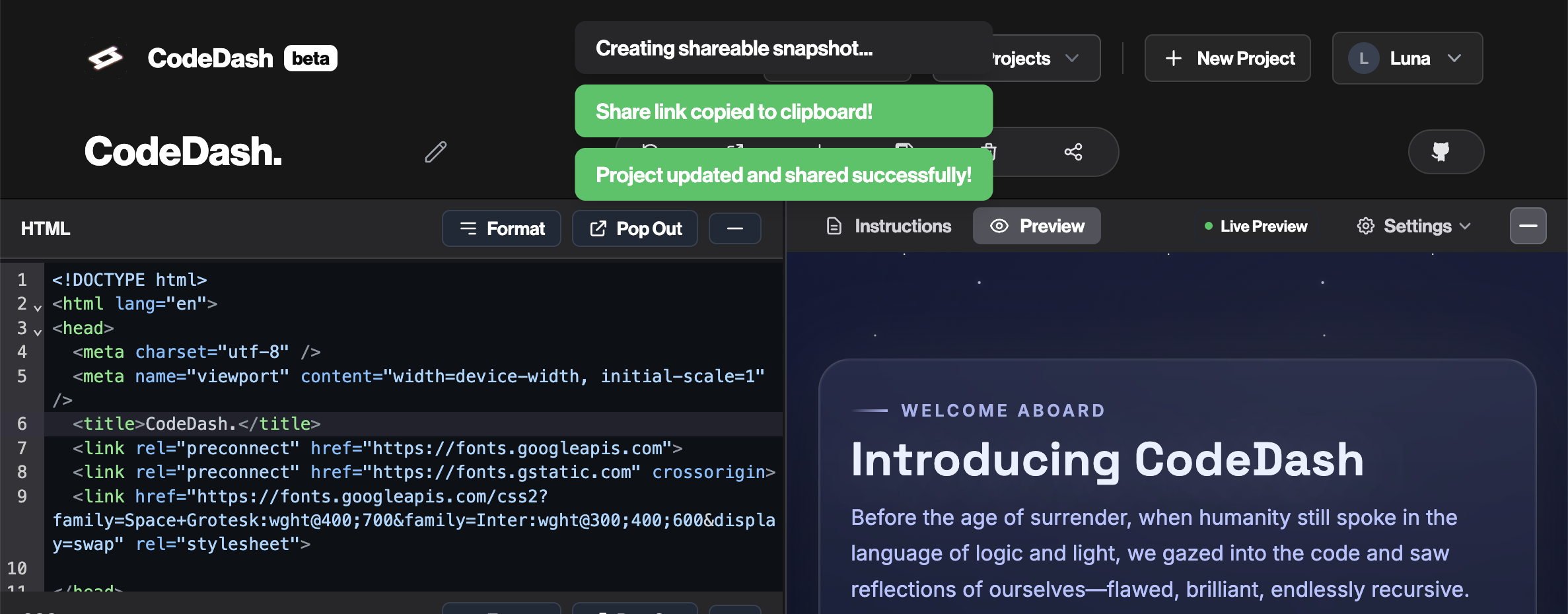 CodeDash snapshot dialog showing shareable link options and a preview thumbnail of the project.